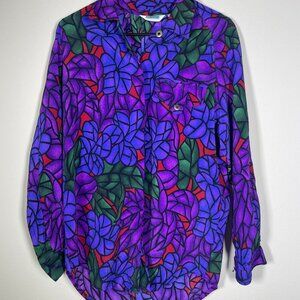Vintage Partners Mervyns Women's Wearable Mosaic Art Blouse S Purple Red Floral!
